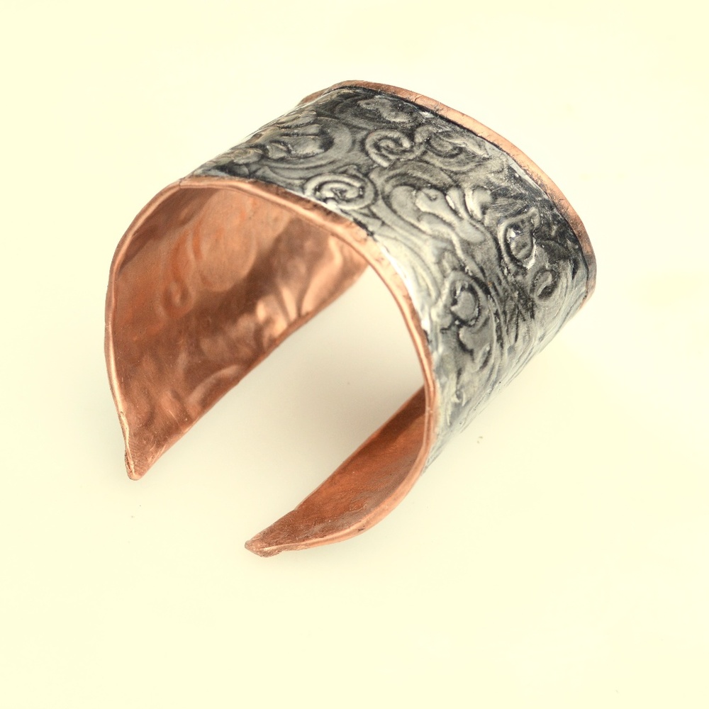 Skull Solid Copper Silver Wide Cuff Biker Handmade Embossed Gothic Gladiator - Picture 4 of 6